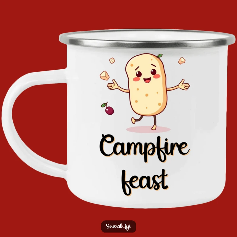 Enjoy your morning brew with a Mediterannean beat! This funny enamel camping mug features a dancing pita bread character juggling olives and feta.