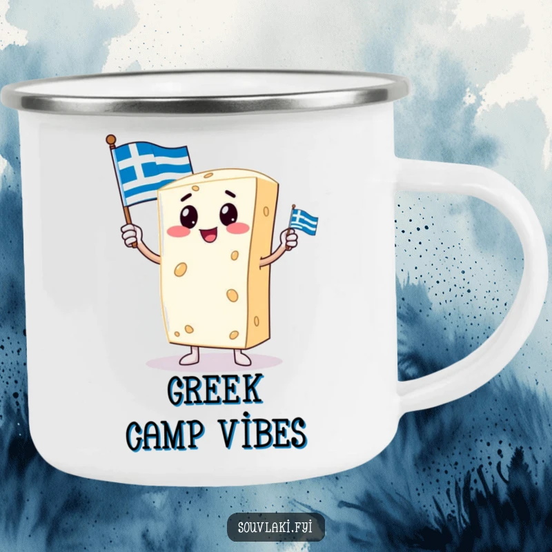 Funny camping mug with a proud feta cheese character holding a small Greek flag, durable for outdoor adventures and cultural pride.