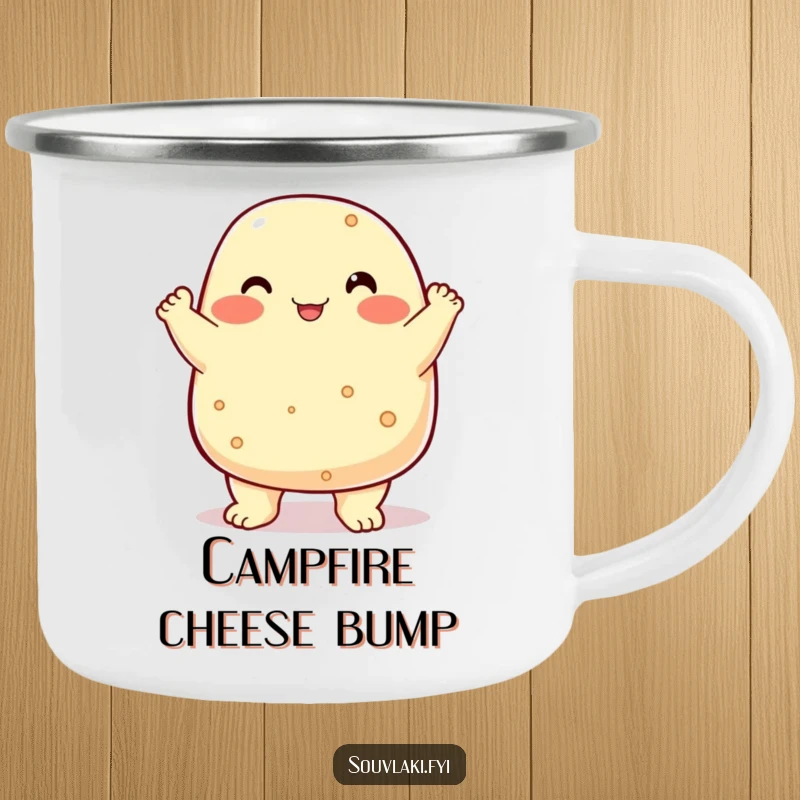 Funny chubby feta cheese character chest bumping proudly, a camping mug for outdoor success.