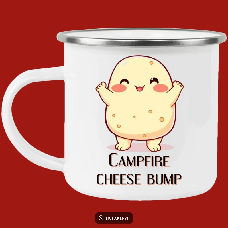 Funny Feta Cheese Camping Mug: Proud Character by the Fire