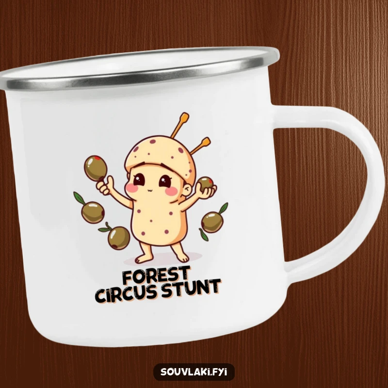 Funny camping mug with a souvlaki comically juggling olives, built for outdoor adventures and serving up smiles.