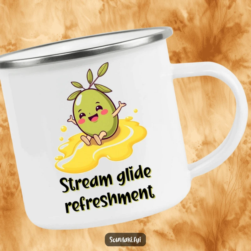 Funny Olive Camping Mug: A cheerful olive character slides down an olive oil stream, perfect for enjoying drinks around the campfire.
