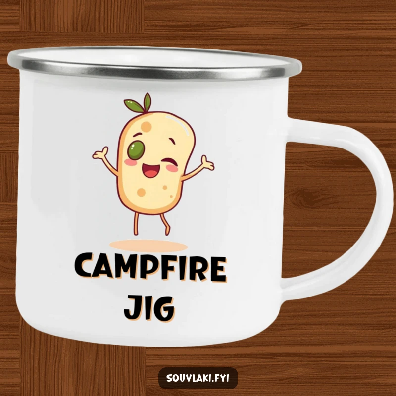 Funny pita bread character with an olive eye dancing joyfully, on a rugged camping mug.