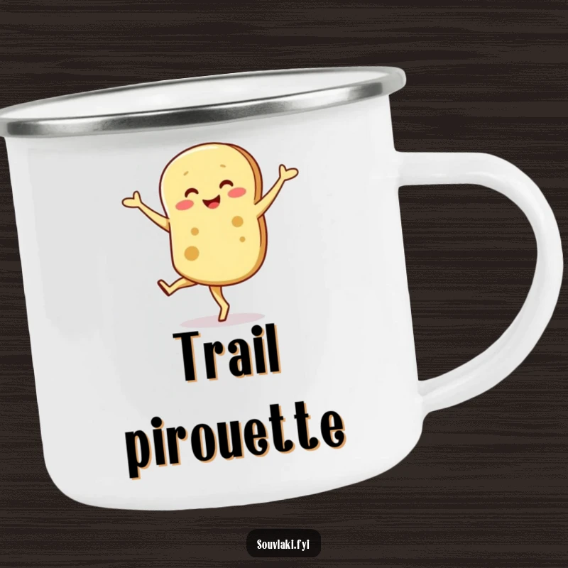 Funny camping mug featuring a smiling pita bread character mid-wobbly pirouette, ready for outdoor fun.