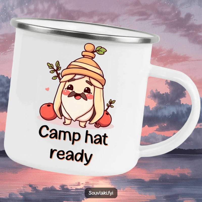 Funny souvlaki camping mug, a happy Greek skewer wears an amphora hat, perfect for outdoor drinks and cultural charm.
