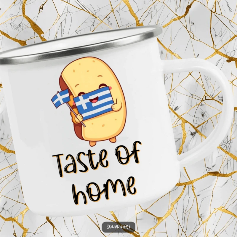 Funny Camping Mug: A souvlaki embraces a miniature Greek flag, ideal for adventures with humorous, patriotic vibes.