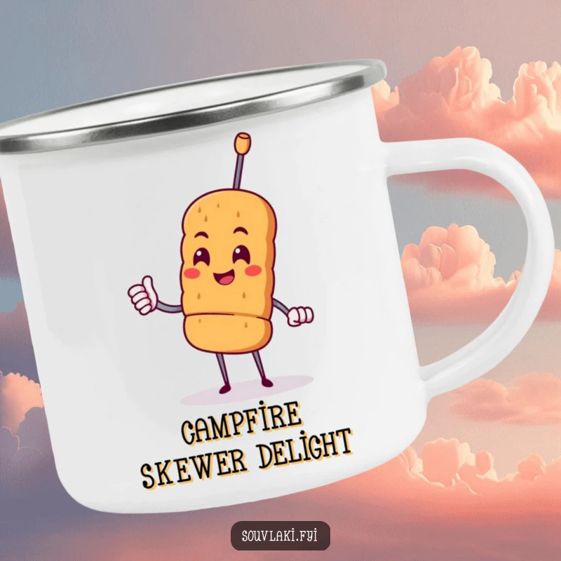 Funny proud souvlaki skewer character giving a cheerful nod, on a rugged enamel camping mug.