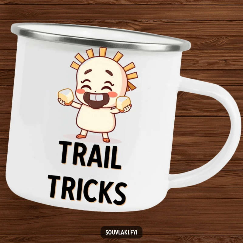 Funny Camping Mug of a grinning souvlaki character juggling small feta cubes, ready for any outdoor escapade.