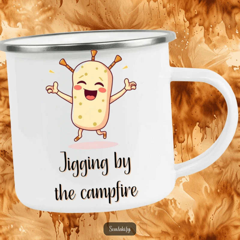 Funny souvlaki camping mug featuring a winking Greek food character doing a triumphant jig, durable and humorous for outdoor adventures.