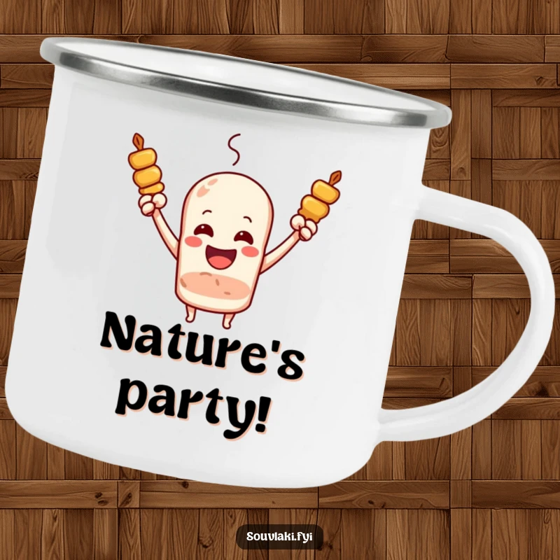 Funny Souvlaki Skewer Camp Cheer Mug: A joyous souvlaki skewer with arms raised cheers loudly outdoors.