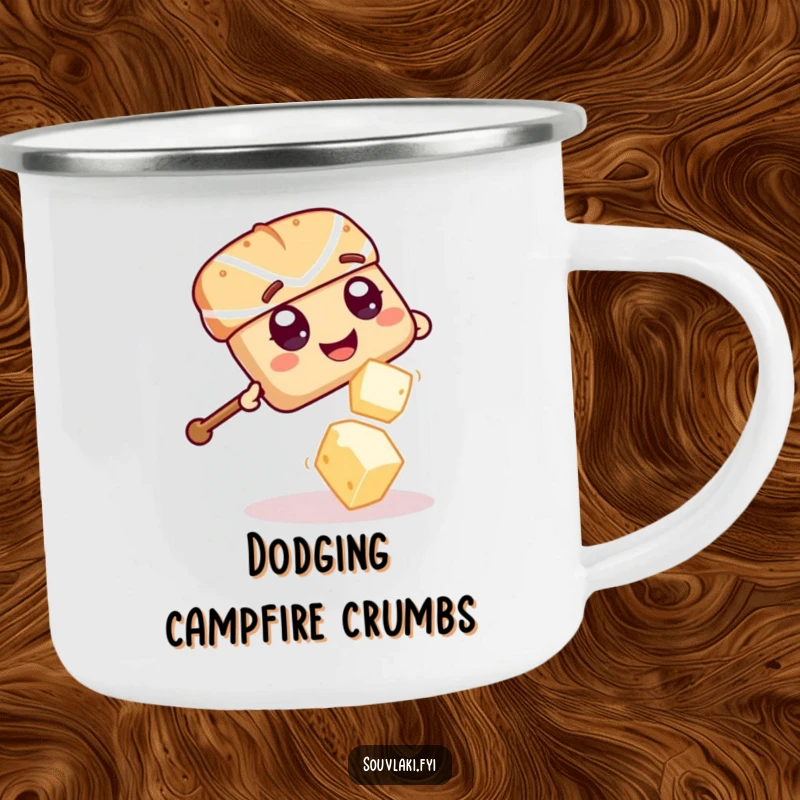 Funny Souvlaki Skewer Feta Flee Camp Mug: A giggling souvlaki skewer playfully dodges a falling feta cheese cube outdoors.