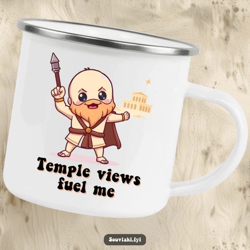 Funny souvlaki camping mug featuring a proud Greek food character posing heroically with a distant temple, perfect for epic outdoor adventures.