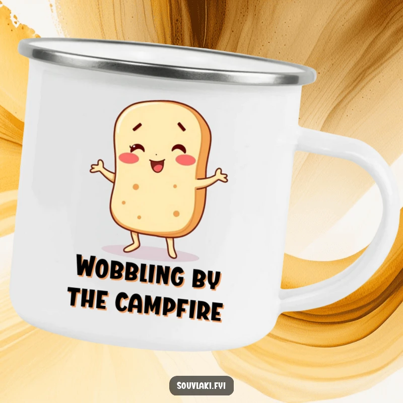 Funny Camping Mug: A pita bread character does a funny wobble dance. Perfect for outdoor fun. Humorous.