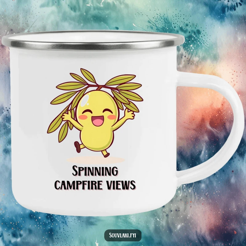 Funny delighted olive character spinning joyfully, perfect for outdoor use on a camping mug.