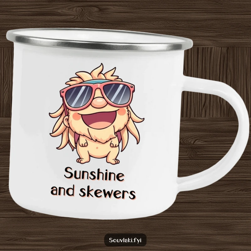 Funny Camping Mug: Souvlaki character in sunglasses, smiling, comically enjoying sunshine outdoors.