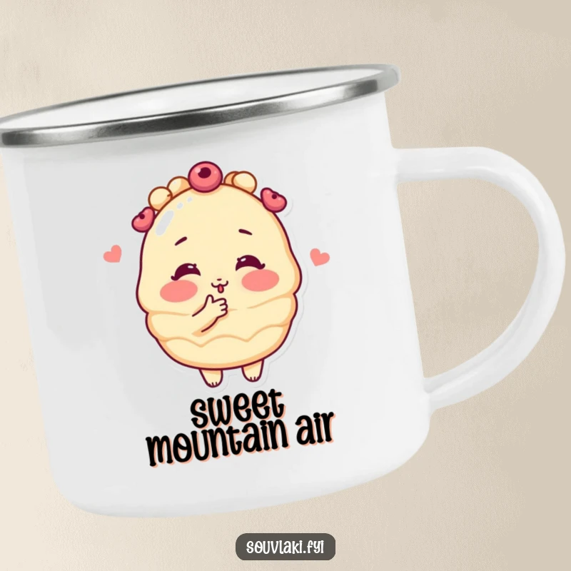 Funny blushing baklava pastry character blowing a kiss on a rugged camping mug, perfect for outdoor enthusiasts who love cute and humorous designs.