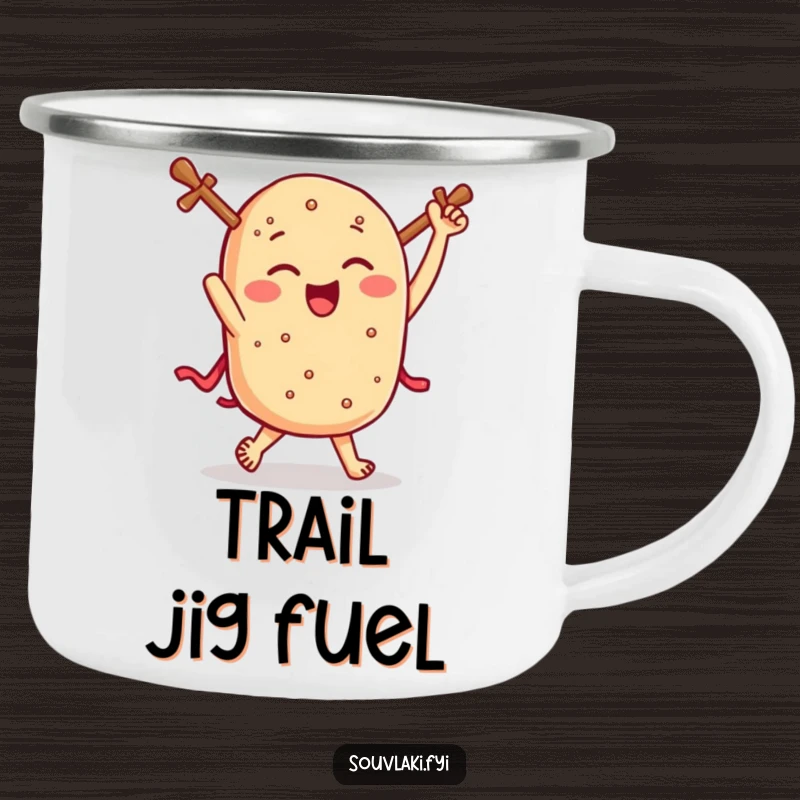 Funny souvlaki camping mug, a winking Greek skewer dances merrily, perfect for outdoor drinks and humorous adventures.