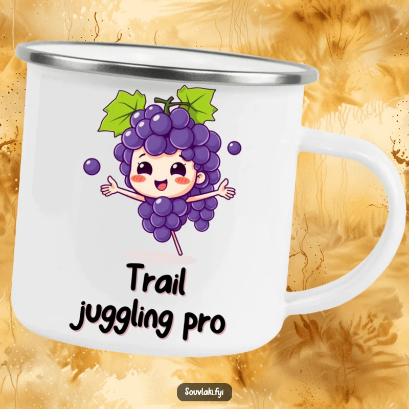 Funny grape bunch camping mug depicting a playful character juggling grapes, perfect for outdoor enthusiasts who love fun.
