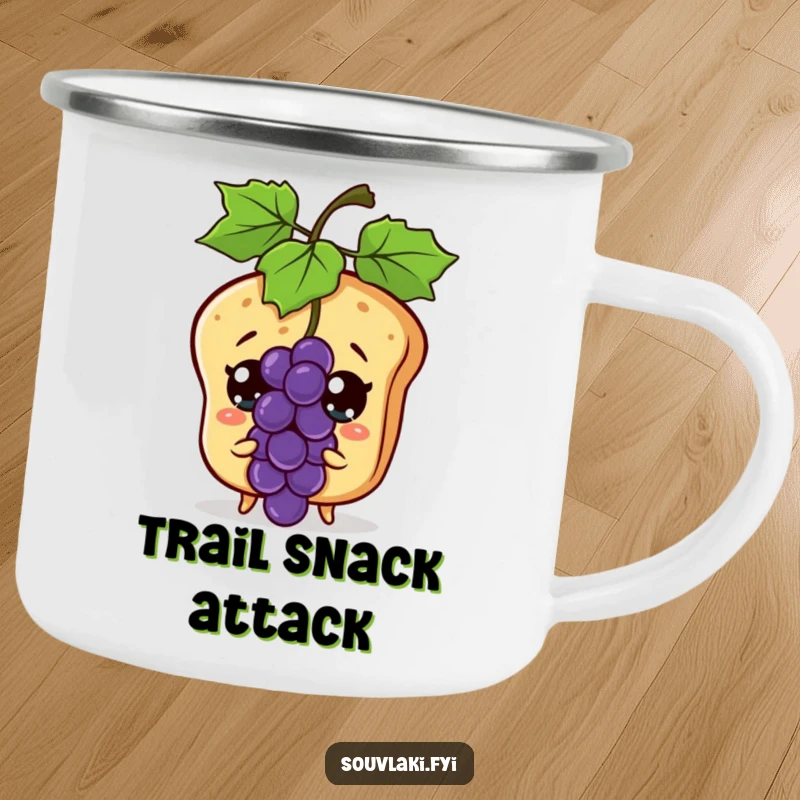 Funny pita bread character looking surprised at a grape, on a rugged enamel camping mug.