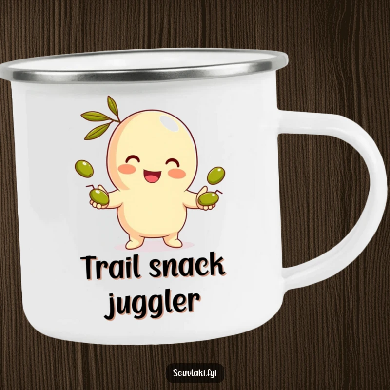 Funny Gyro Camping Mug: A smiling gyro character juggles olives, perfect for enjoying drinks around the campfire with a touch of humor.