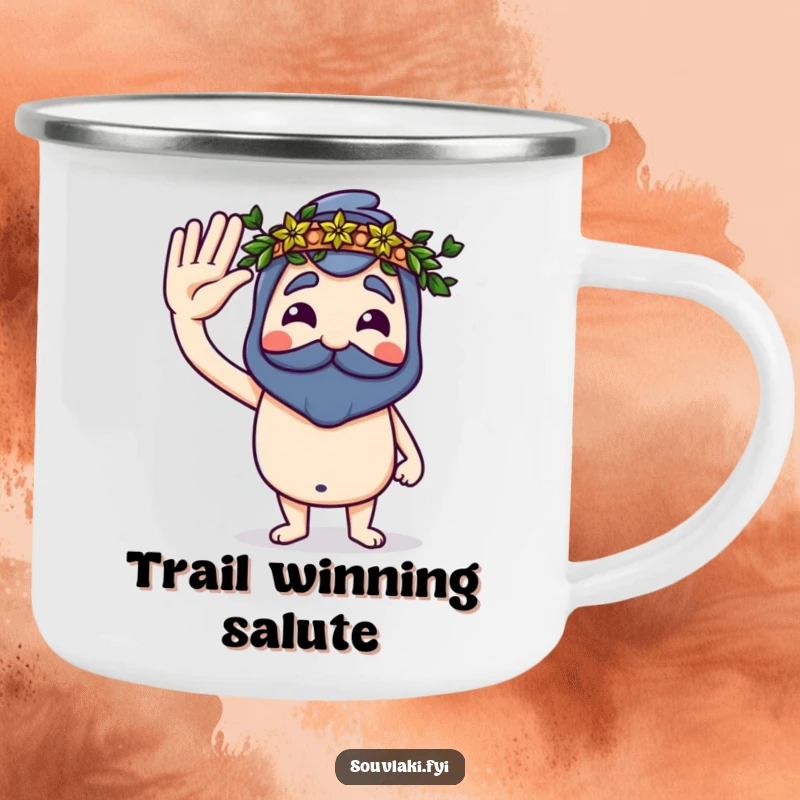 Funny Souvlaki Camping Mug with a proud souvlaki saluting with a tiny laurel wreath, perfect for humorous adventures.