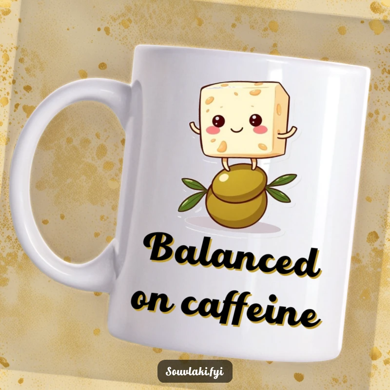 Funny feta cheese mug featuring a cheerful cube character hilariously attempting to balance on a small olive, showcasing playful struggle.