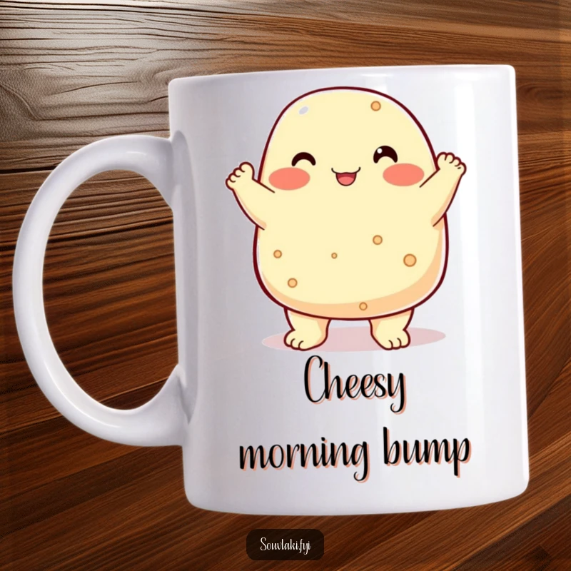 Funny chubby feta cheese character proudly doing a chest bump on a ceramic mug.