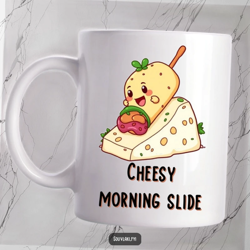 Funny Souvlaki Mug with a giddy souvlaki sliding down a hill of feta cheese, depicting pure, cheesy delight.