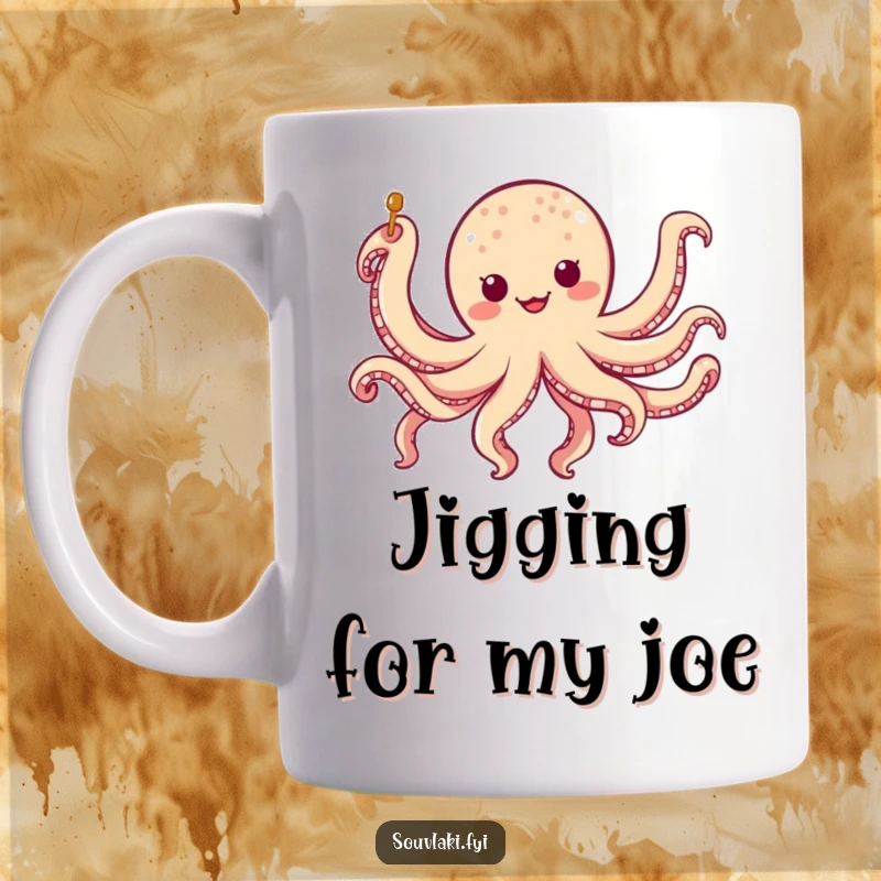 Funny chubby octopus skewer mug with a character doing a silly eight-legged jig, a humorous and fun gift.
