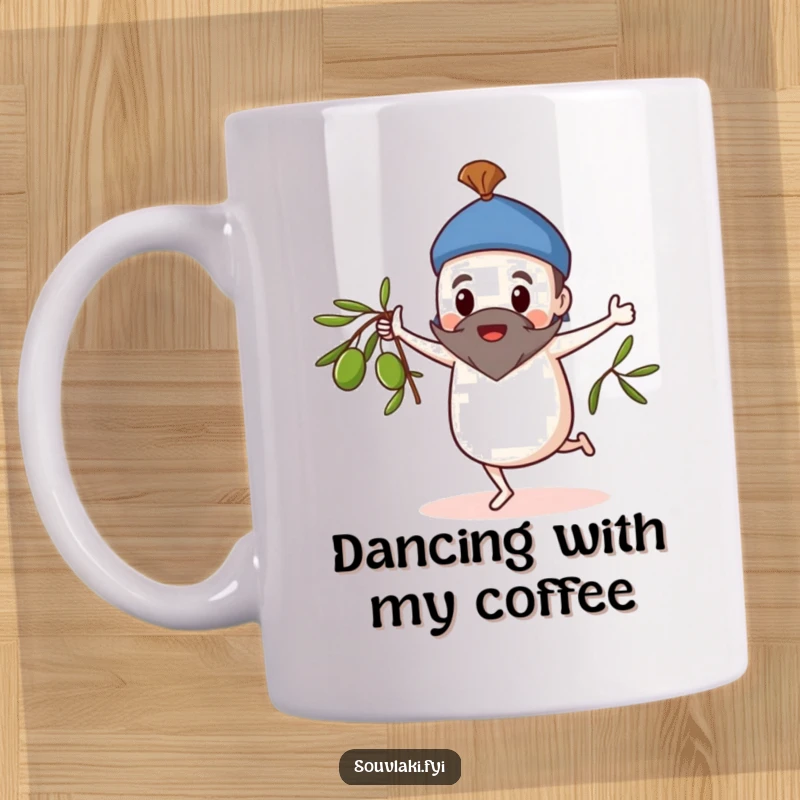 Funny Mug: Souvlaki character doing a whimsical dance, spinning an olive branch with joy.