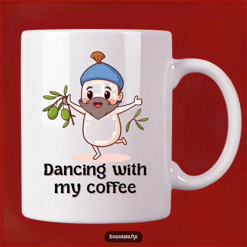 Funny Dancing Souvlaki Mug: Whimsical Character's Olive Branch Dance Fun