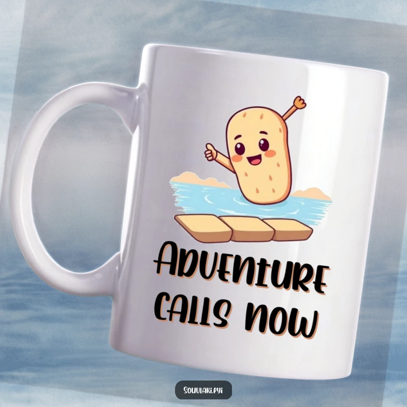 Funny mug showing a souvlaki dramatically pointing towards the sea, evoking dreams of adventure and coastal escapes.