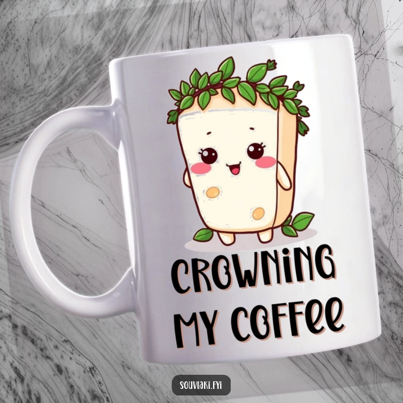Funny silly feta cheese character comically attempting to wear a tiny laurel wreath, on a mug, a witty gift.