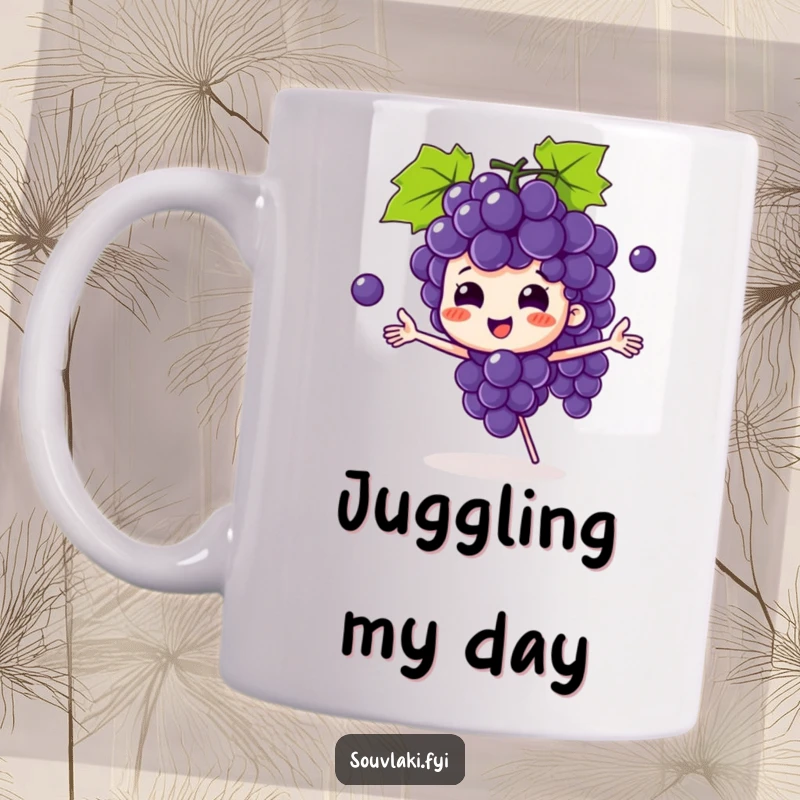 Funny grape bunch mug featuring a playful character skillfully juggling smaller grapes with a cheerful and focused expression.