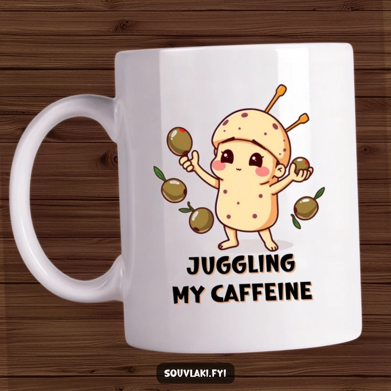 Funny mug showing a souvlaki comically failing to juggle olives, capturing a chaotic and humorous food moment.
