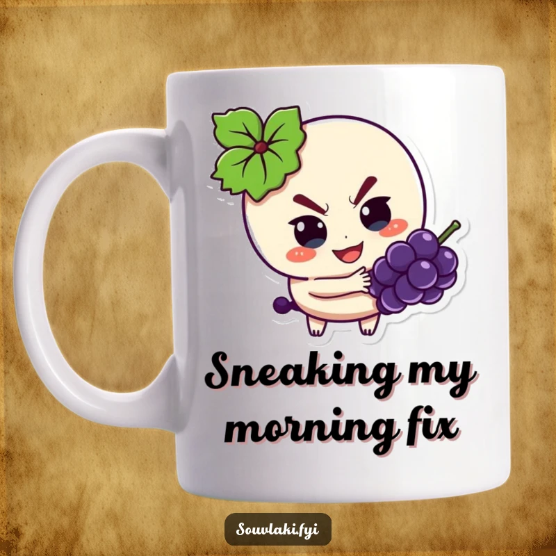 Funny Mug: Souvlaki character with a mischievous look, sneakily reaching for a grape.