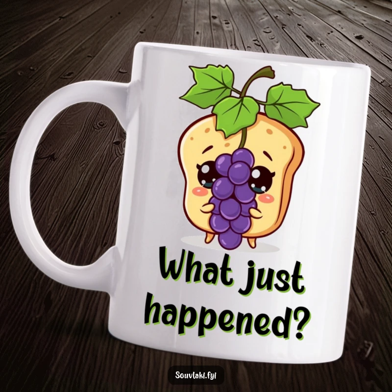 Funny surprised pita bread character looking shocked at a flying grape on a ceramic coffee mug.