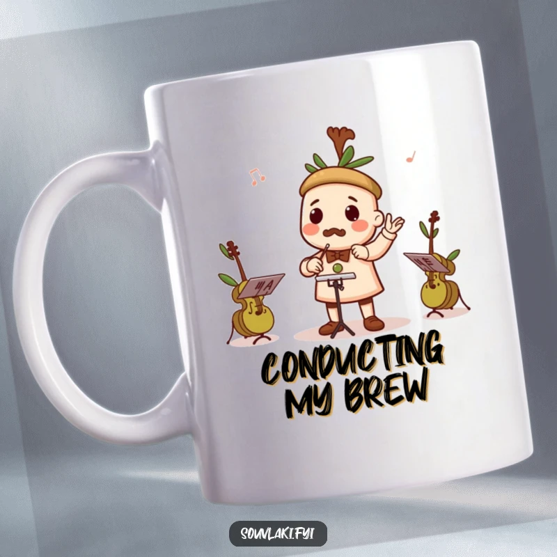 Funny mug featuring a souvlaki character enthusiastically conducting tiny olives playing miniature instruments.