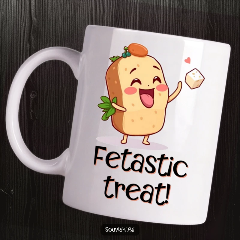 Funny Mug: A joyful souvlaki playfully tosses a tiny feta cube, showcasing pure happiness and love for delicious cheese.