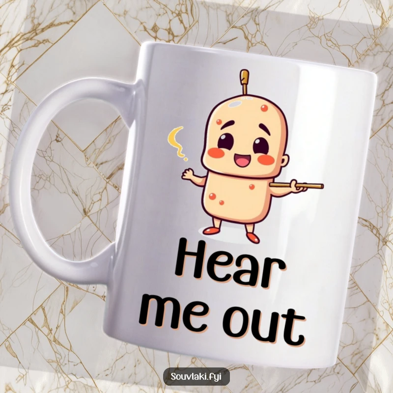 Funny Souvlaki Mug: A souvlaki skewer character dramatically gestures with its skewer, conveying a humorous and expressive moment.
