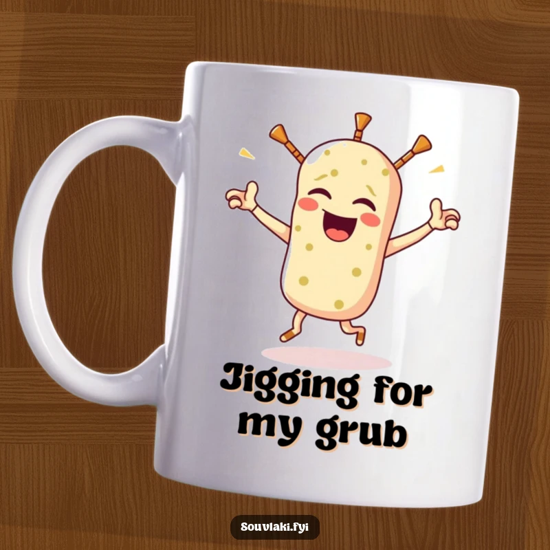 Funny souvlaki mug featuring a winking Greek food character joyfully doing a triumphant little jig, spreading happiness and culinary cheer.