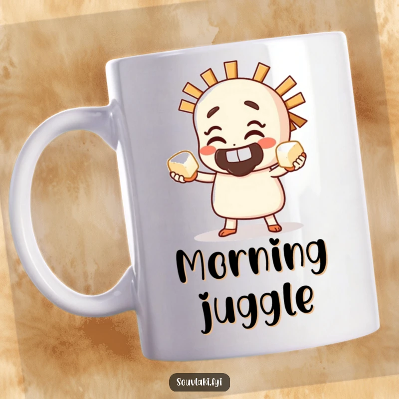 Funny Mug featuring a grinning souvlaki character skillfully juggling small cubes of feta cheese.