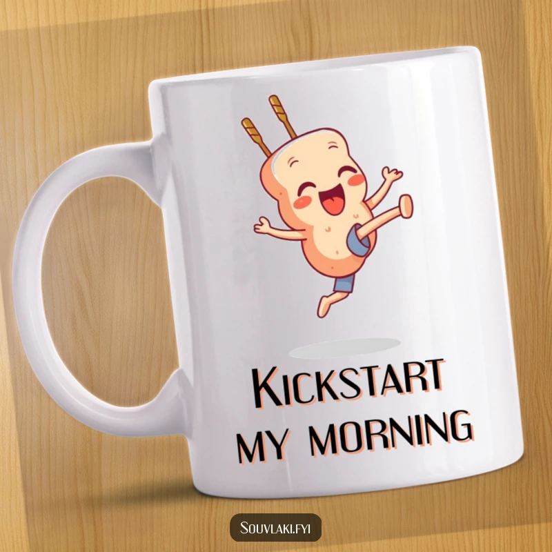 Funny souvlaki skewer character performing a dynamic high kick with a happy expression on a mug.