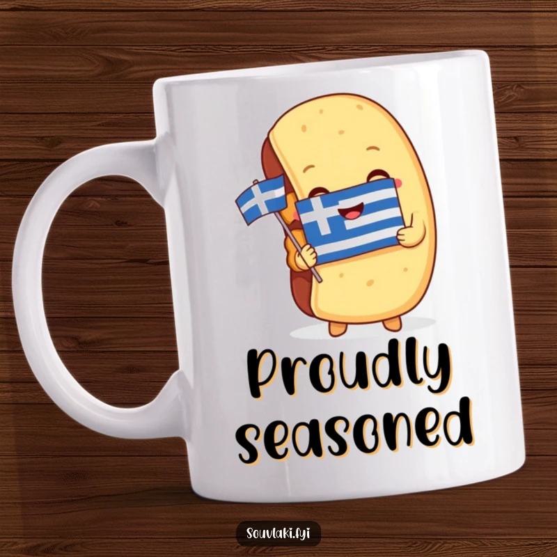 Funny Mug: A delighted souvlaki embraces a miniature Greek flag, showing patriotic love for Greece and delicious food.