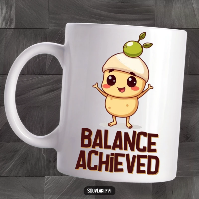 Funny Mug featuring a proud souvlaki character perfectly balancing a tiny olive on its head.
