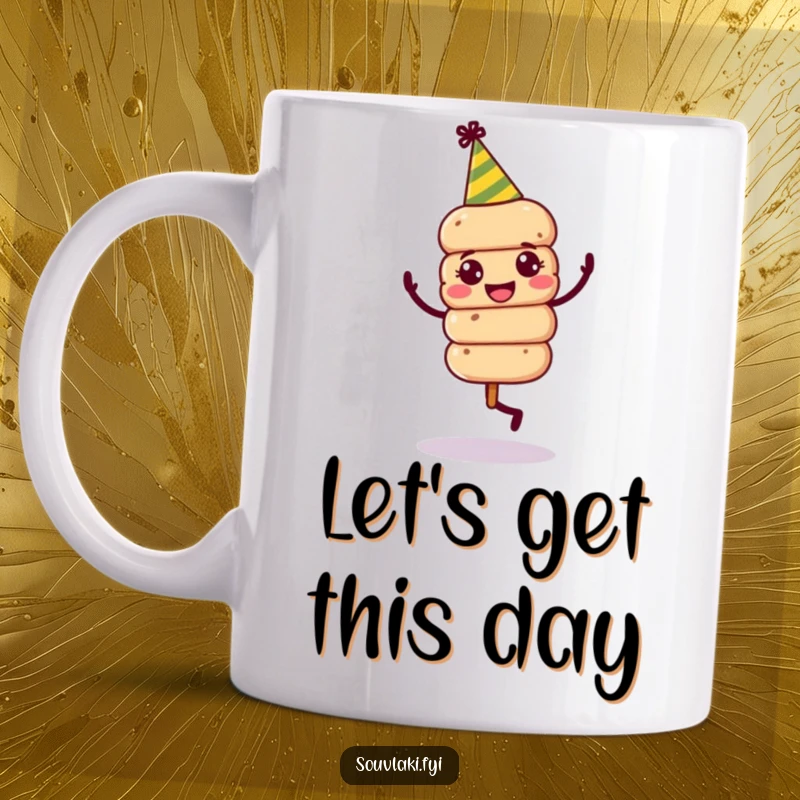 Funny Souvlaki Party Skewer Mug: A jovial souvlaki skewer in a party hat dances happily, spreading festive vibes.
