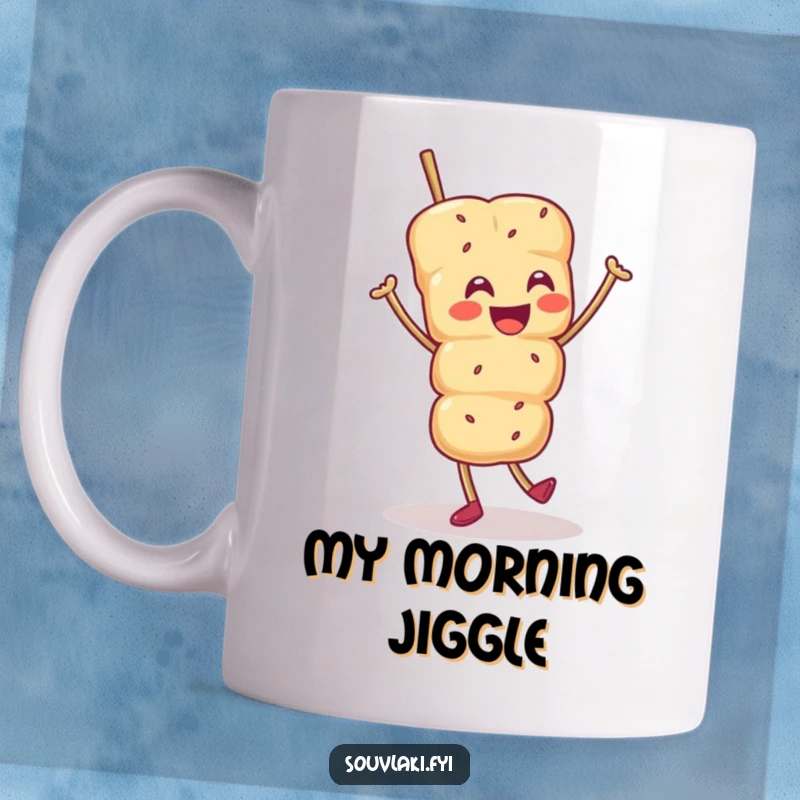Funny mug with a smiling souvlaki skewer character energetically dancing a joyful jig, celebrating food and fun.