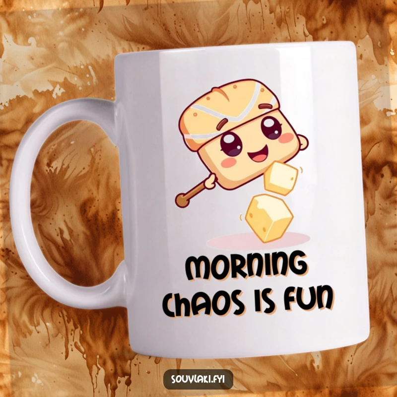 Funny Souvlaki Skewer Feta Dodge Mug: A giggling souvlaki skewer playfully dodges a falling feta cube.