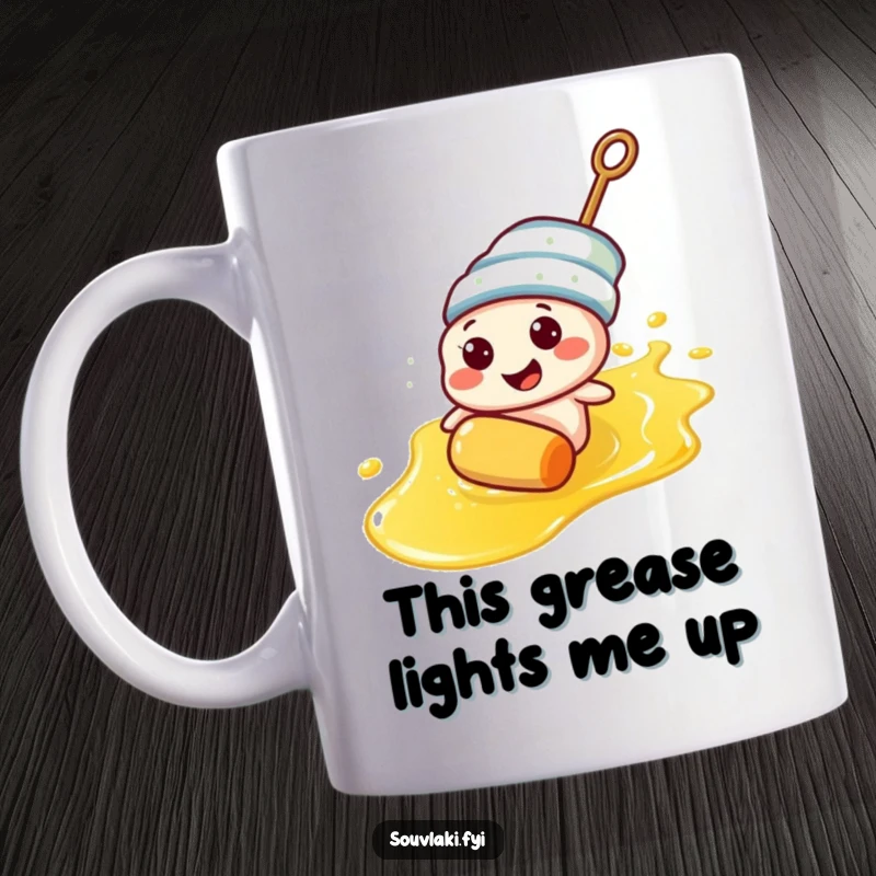 Funny Souvlaki skewer character happily sliding down an olive oil slick on a mug, conveying slippery fun.