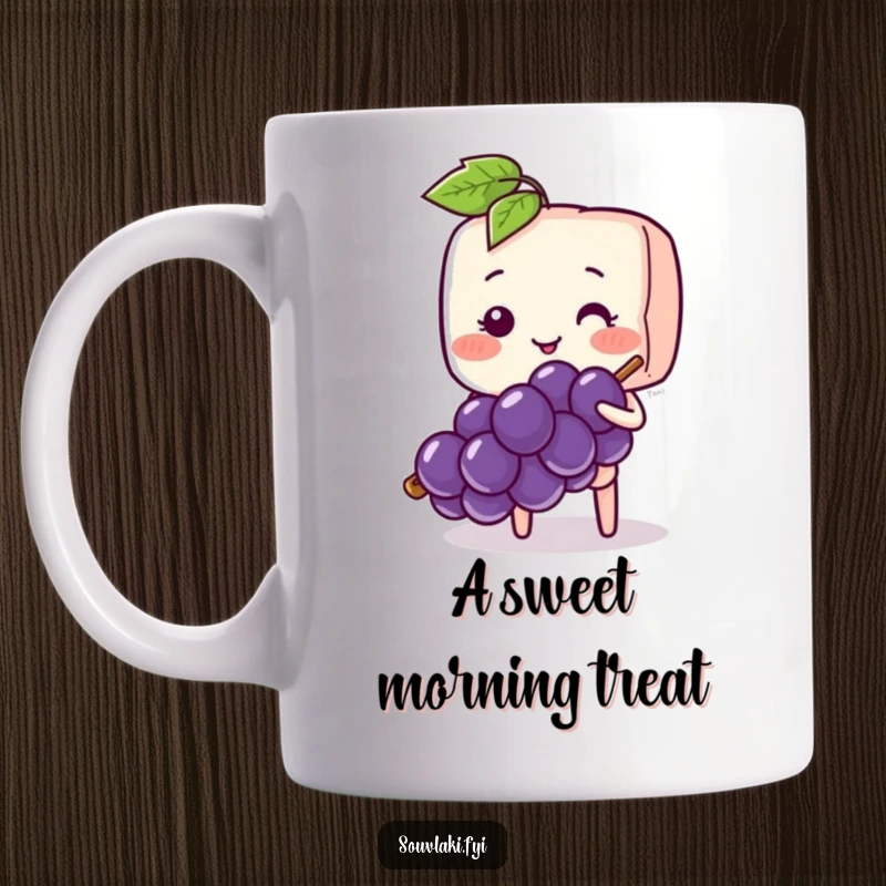 Funny Souvlaki Skewer Shy Grape Mug: A blushing souvlaki skewer with a shy smile offers a single grape.